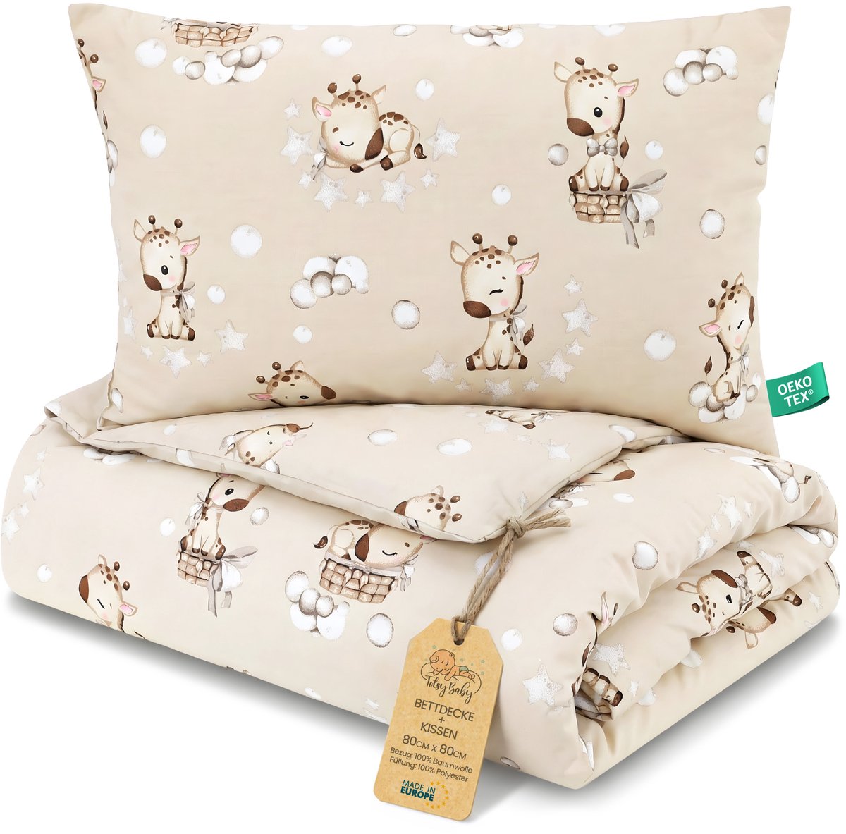 Kinder dekbed zonder hoes 80x80 cm - Katoenen baby deken en kussen set kinderdeken 80 x 80 en kussen 40 x 35 - Dekbedden kinderdekbed voor babybed Oeko-Tex Giraffen