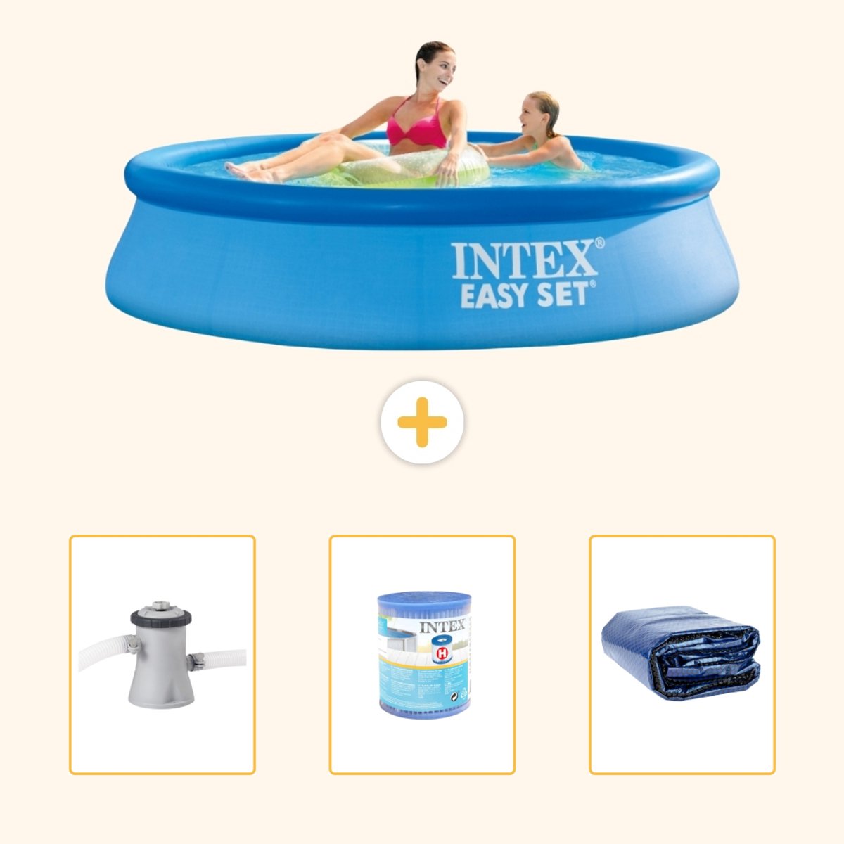 Intex Rond Opblaasbaar Easy Set Zwembad – 244 x 61 cm – Blauw – Inclusief Pomp – Filter – Solarzeil – 4-delig