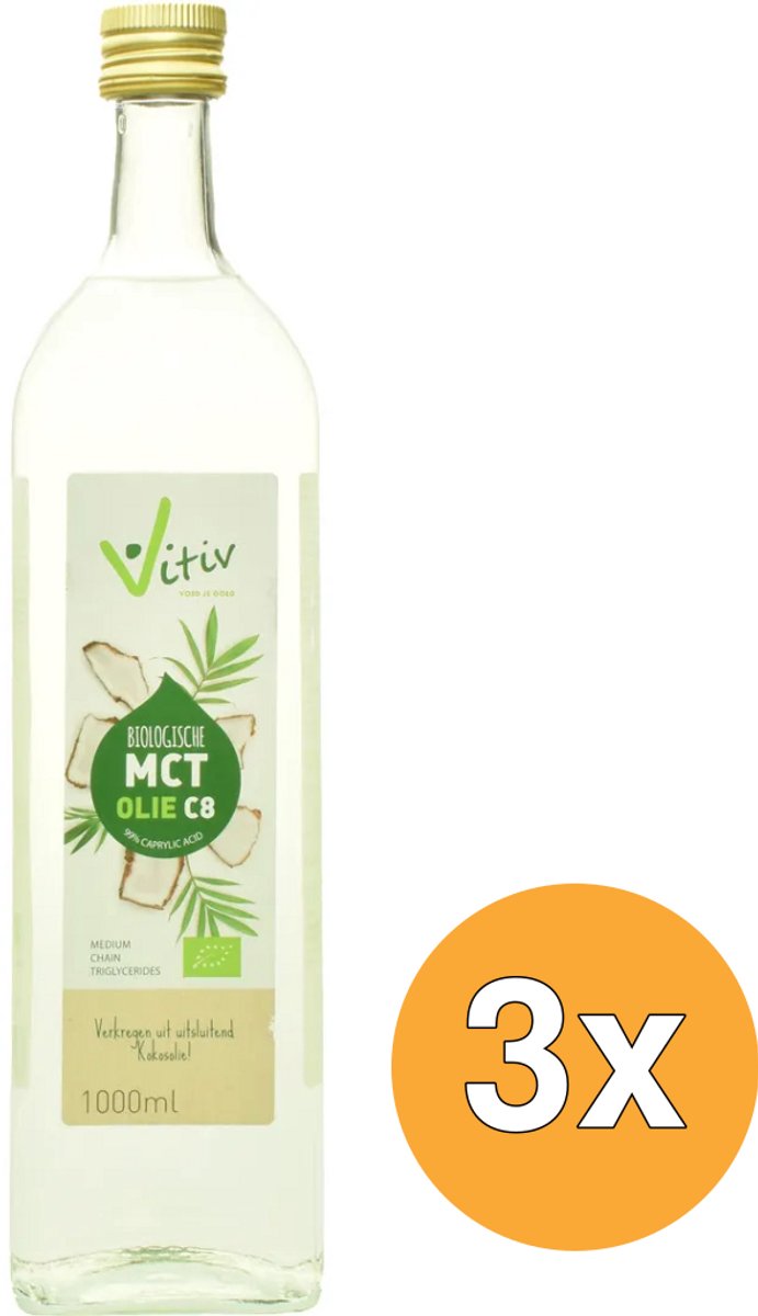 3x Vitiv Mct Olie C8 Coconut Pure 99% Caprylic Acid (1000 ml)