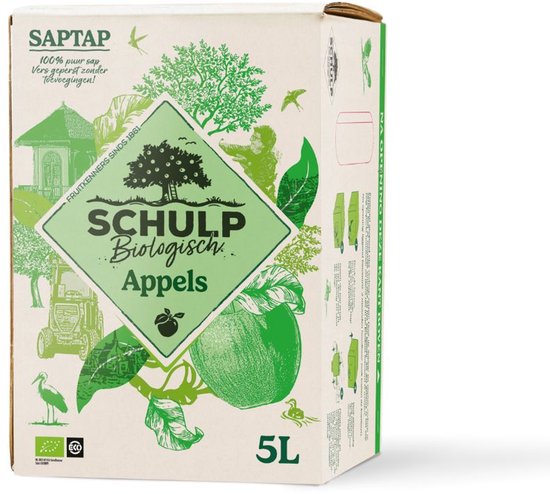 Schulp biologisch appelsap 5L pak met afbeeldingen van appels, een boom en een kraanvogel. "SAPTAP 100% puur sap Vers geperst zonder Toevoegingen!"
