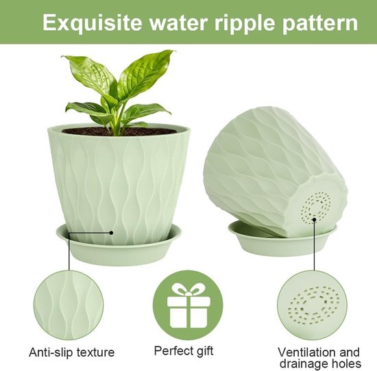 Set van 6 Stuks 15 cm Plantenpotten van Plastic met Drainagegaten en Schotels, Moderne Decoratieve Potten voor Binnen en Buiten, Ideaal voor Vetplanten en Huishoudelijke Planten