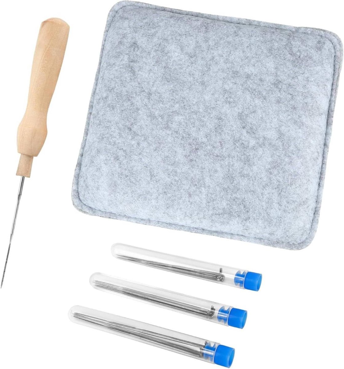 Vilten starterset, prikset, viltset voor beginners, met viltwol 20 x 18 x 3,5 cm, viltnaalden in 3 maten (elk 5 stuks), 2 stuks viltnaaldhouders, voor beginners, wolvilt, gereedschapsset