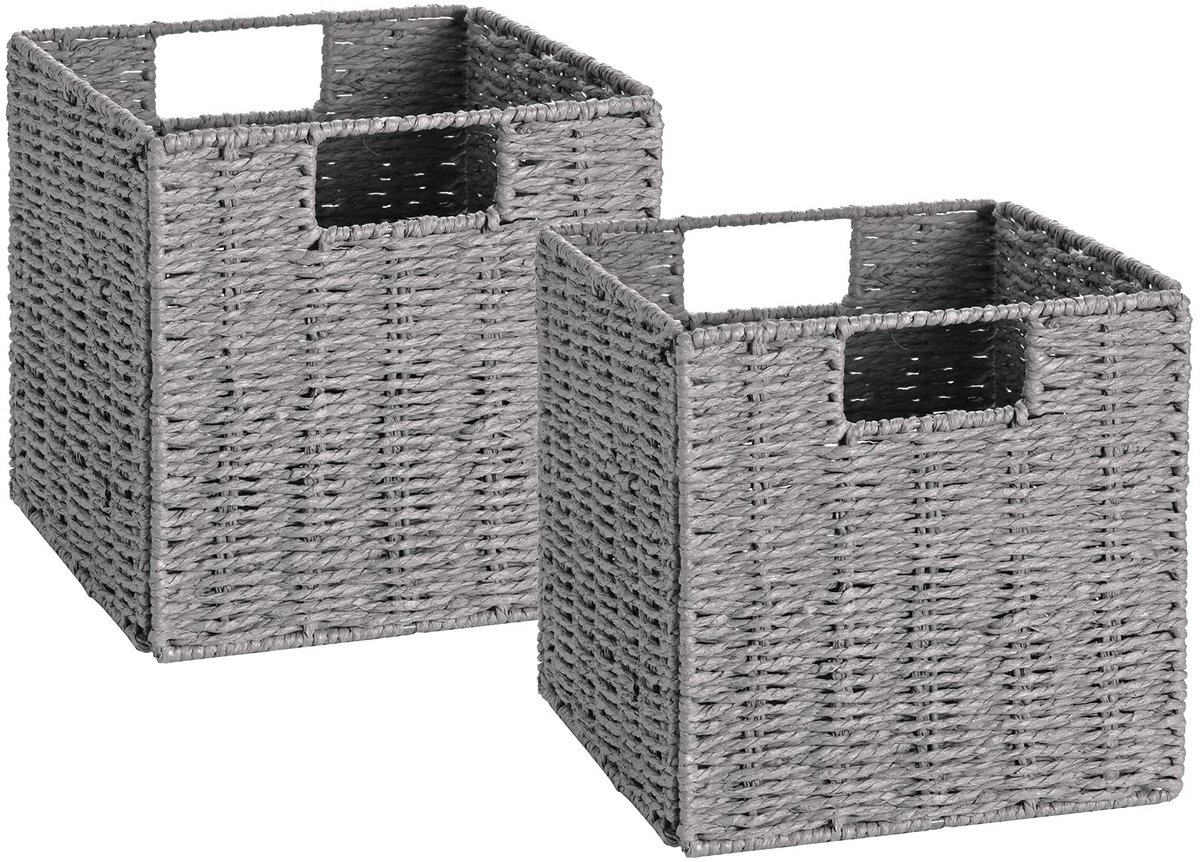 Opbergmanden, handgeweven opbergmanden voor planken met handgrepen, opvouwbare kubusorganisator, 33 cm, grote rieten manden voor voorraadkast, slaapkamerdecoratie, grijs (13