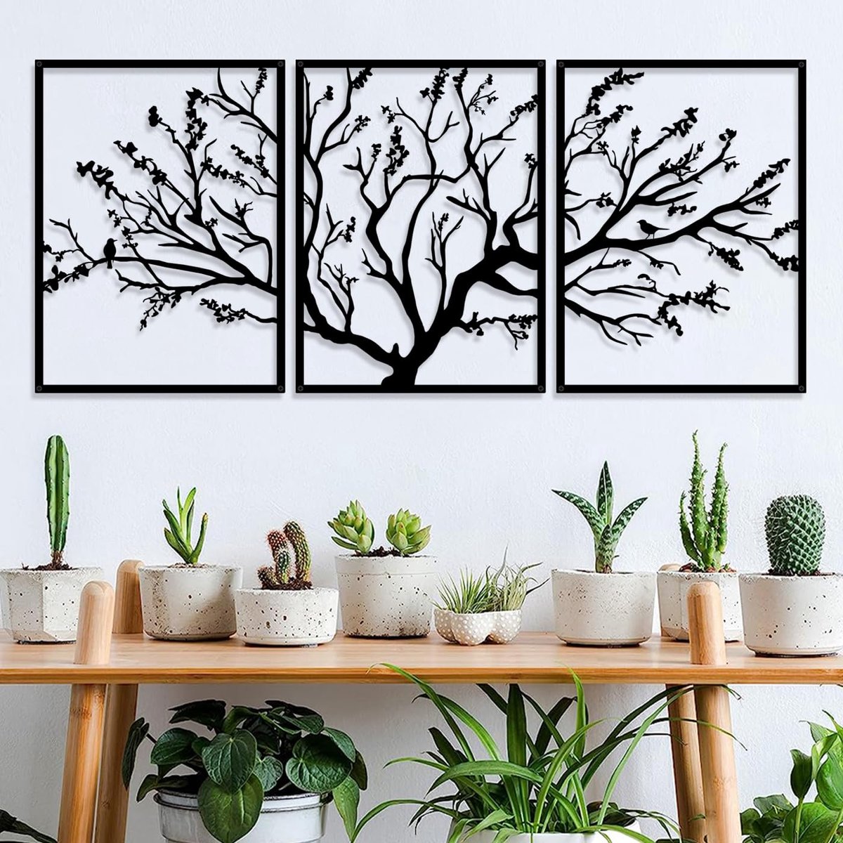 Tree Of Life Metal Wall Art Decor 3 panelen, Boom tak metalen ornament opknoping teken, moderne metalen tak muurdecoratie voor thuis muur decor (Totaal 53 x 23,6 inch) (53in x 23,6in)