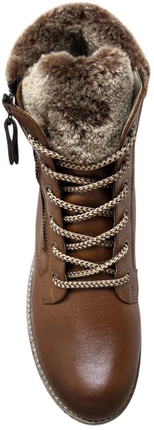 Bruine leren veterboot met rits en bontkraag, van bovenaf gezien.