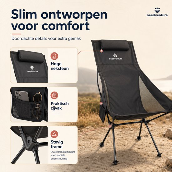 needventure® Campingstoel - Visstoel - Vouwstoel - Opvouwbaar - Inklapbaar - Lichtgewicht - Hoge Neksteun - Zwart — afbeelding 3