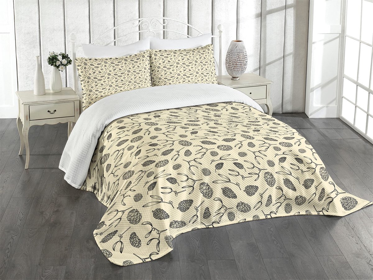 Bedsprei, Maretak Berry Branch, Decoratieve Gewatteerde 3-delige Spreiset met 2 Kussenhoezen, 264 x 220 cm, Cream Taupe