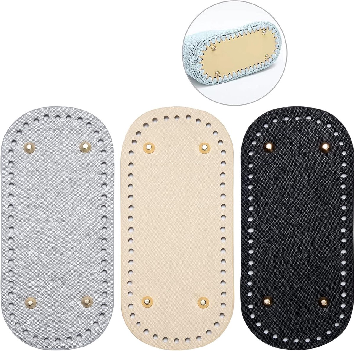 3 stuks handtaskussen, onderkant van PU-leer, gehaakt, ovaal, vloerkussen met gaten voor handgeweven tas, doe-het-zelf, 22 x 10 cm