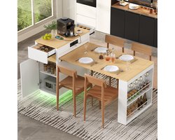 Multifunctioneel keukeneiland met wielen - Uitschuifbaar en inklapbaar tafelblad - Stopcontacten en haken - Gebruik als sideboard of bartafel - Voor keuken en eetkamer - Witte afwerking