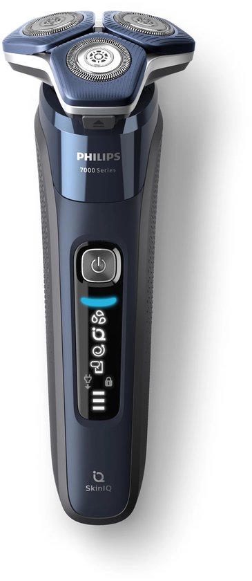 Rasoir bleu foncé Philips Série 7000 avec accents argentés et un écran numérique.