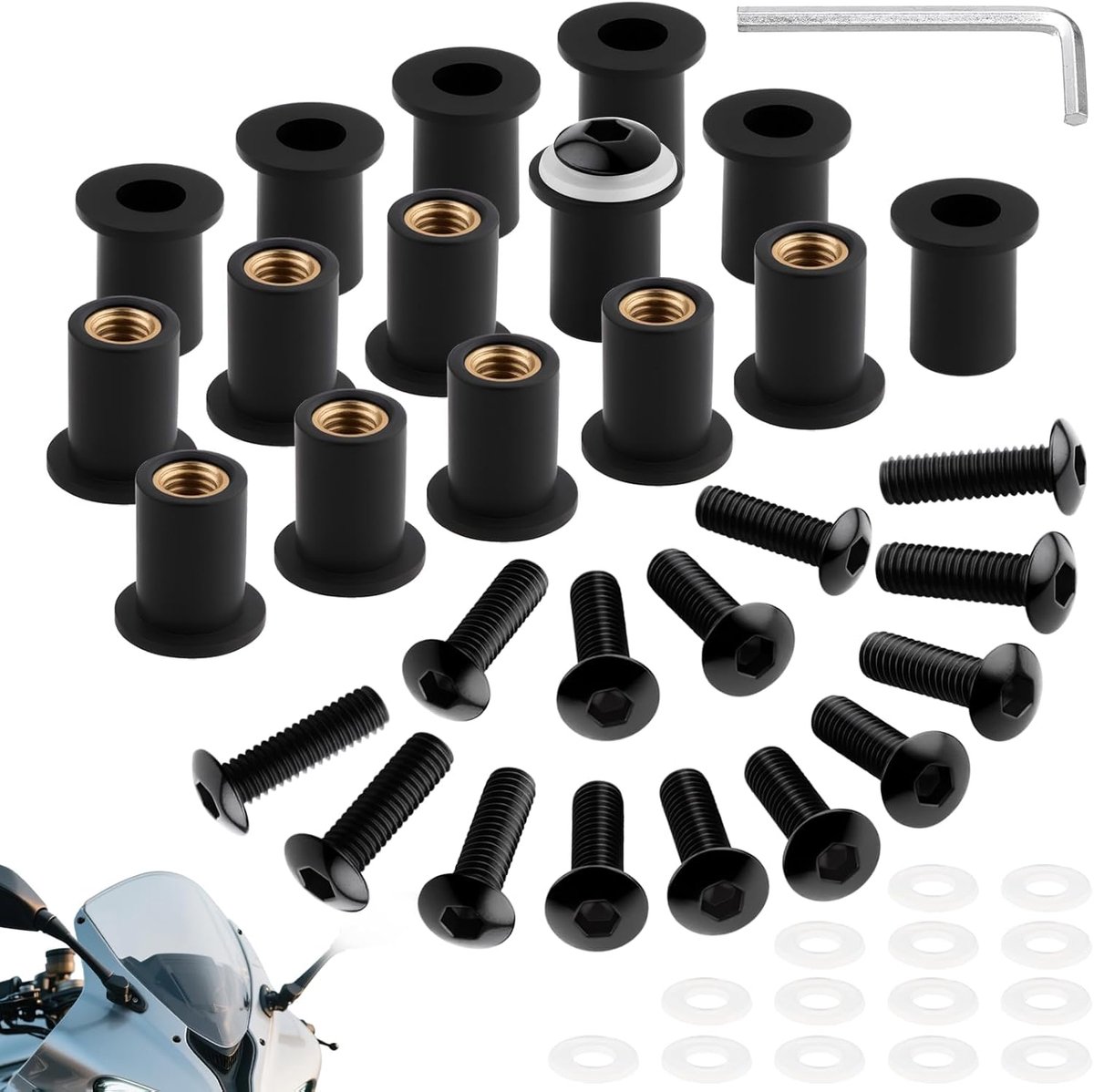 15 stuks bevestigingsschroeven voor motorfiets M5 x 16 mm zwarte bouten en M5 schroeven met sleutel voor bevestiging en voorruithouder