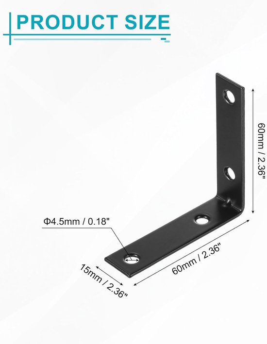 20 stuks L-hoekbeugel, metalen verbindingsstukken, haakse hoekhouders met schroeven, voor houten planken, zwart, 60 x 15 x 60 mm — afbeelding 5