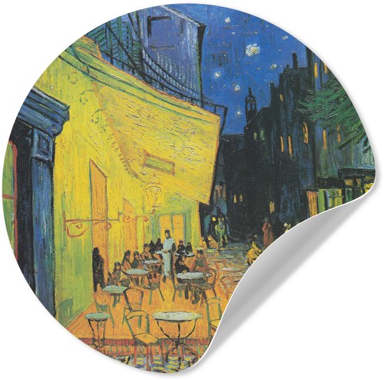WallCircle® - Behangcirkel 120x120 cm - Muurstickers Caféterras bij nacht - Schilderij van Vincent van Gogh - Muurcirkel woonkamer - Wandcirkel slaapkamer - Kamer decoratie zelfklevend - Muurdecoratie accessoires XXL