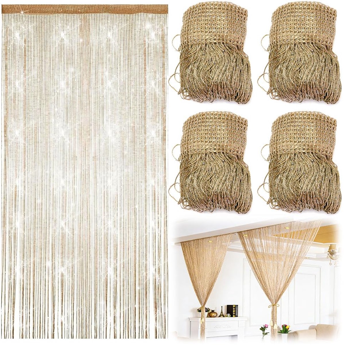 Set van 4 draadgordijnen, polyester, 100 x 200 cm, in te korten, deurgordijn als ruimteverdeler, vliegenbescherming, decoratief gordijn voor bruiloft, feest, woonkamer