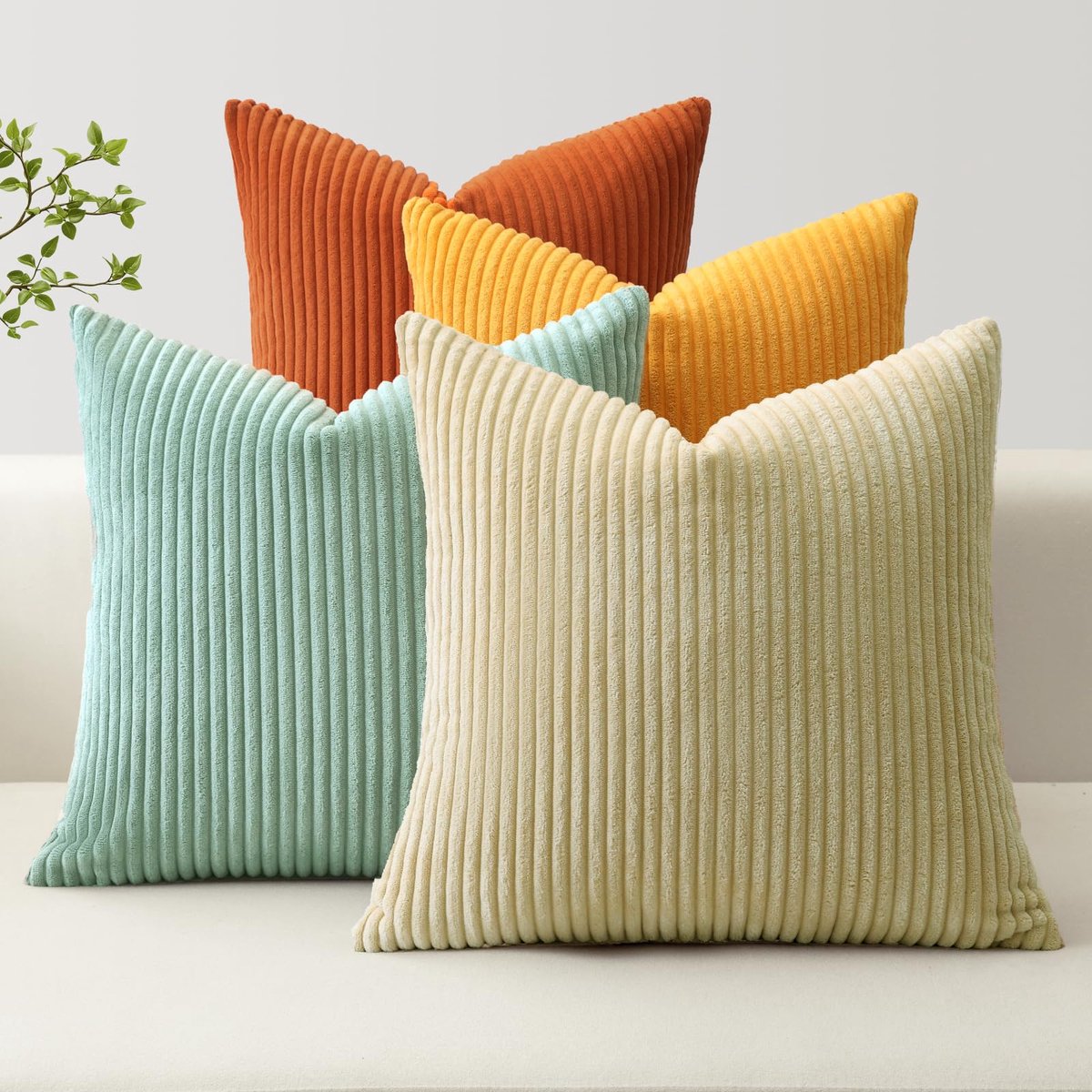 Set van 4 corduroy kussenslopen, kussenhoezen, decoratieve sierkussens, bankkussens, corduroy kussensloop, decoratieve kussenhoes voor bank en woonkamer (40 x 40 cm, oranje, groenblauw, beige)