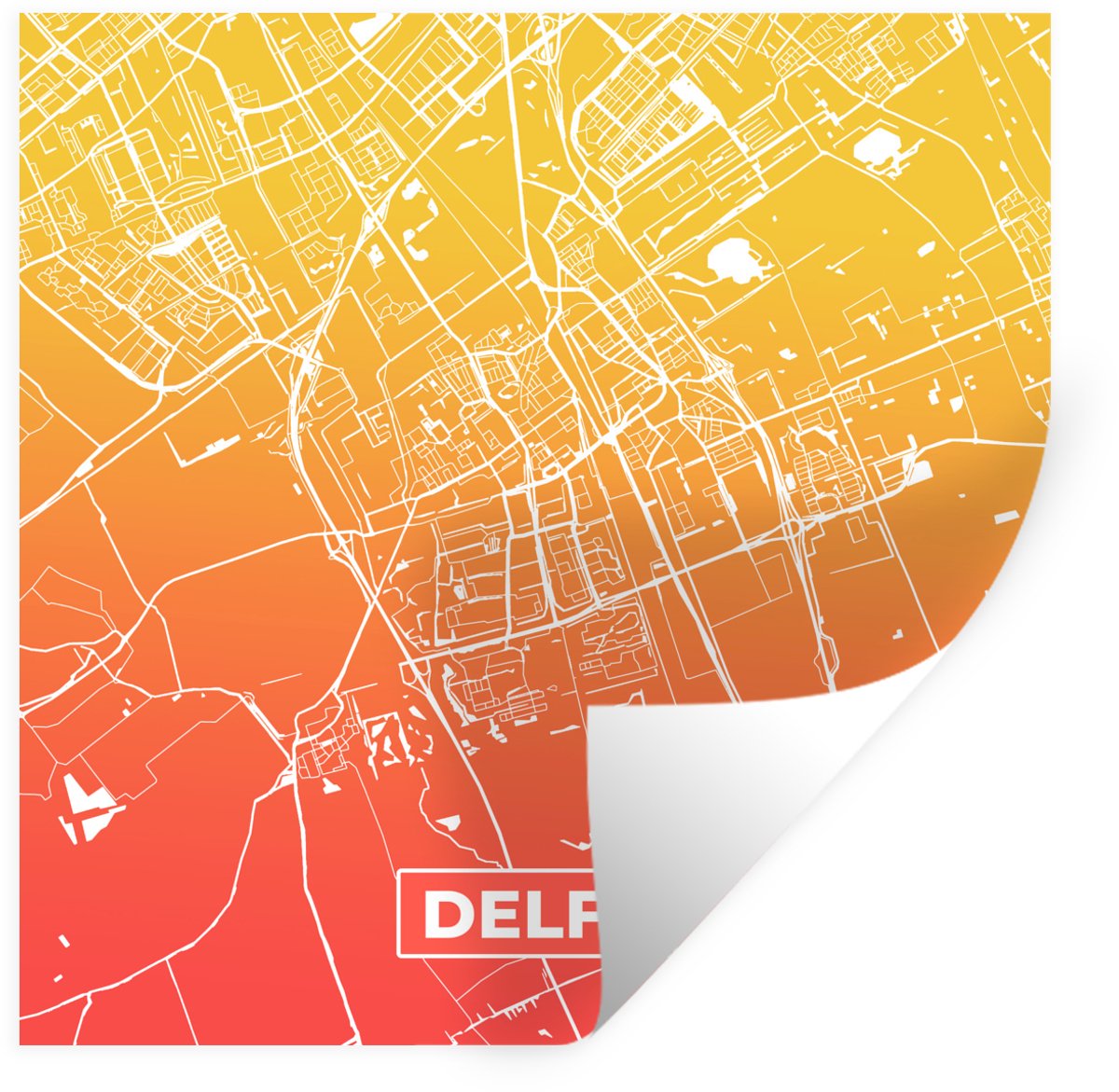 Muurstickers - Sticker Folie - Stadskaart - Delft - Rood - Geel - 50x50 cm - Plakfolie - M