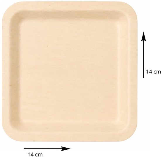 Een vierkant, lichtbeige bord van geperst hout, met afgeronde hoeken en afmetingen van 14 cm.
