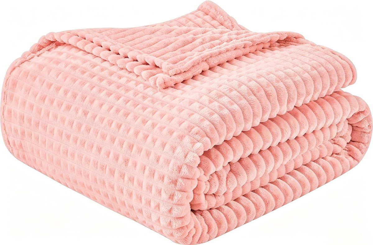 Fleece deken tweepersoons luxe flanel voor bank bed sofa stoel, zachte, pluche, warme en gezellige deken met geometrisch rasterontwerp (roze, 150 x 203 cm)