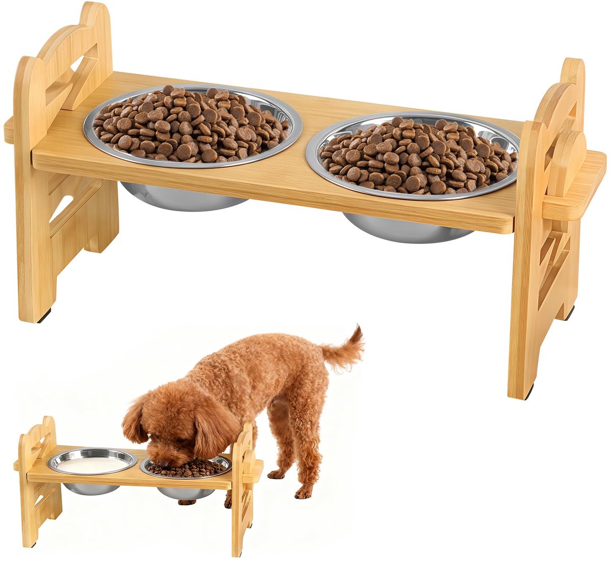 Set van 2 verhoogde kattenbakken met standaard, roestvrijstalen voerbak in hoogte verstelbaar en schuin, voederbak en waterbak, voederstation voor katten en kleine honden, hondenbak met houten houder