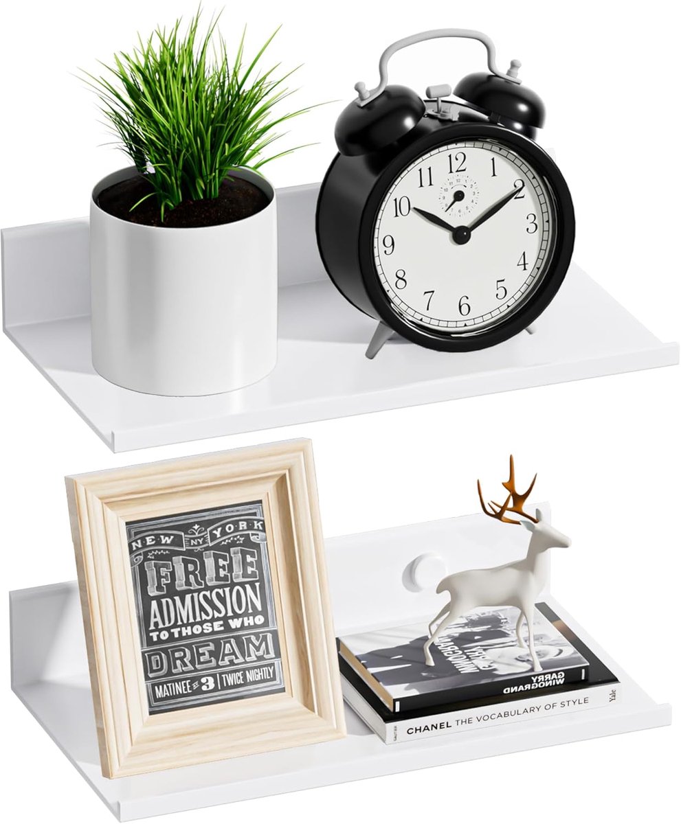 Wit wandrek van metaal, set van 2, zwevende wandplanken zonder boren, 20 cm, moderne zwevende plank, decoratie voor woonkamer, slaapkamer, badkamer
