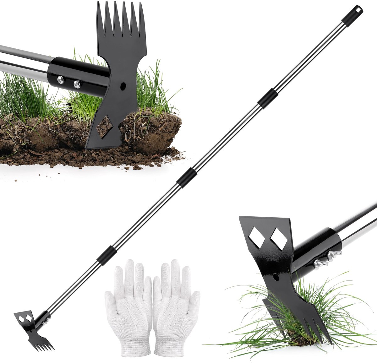 Onkruidsteker 150 cm met lange steel, multifunctionele onkruidverwijderaar met onkruidklauw en tuinhak, inclusief handschoenen voor tuin, gazon, erf en terras