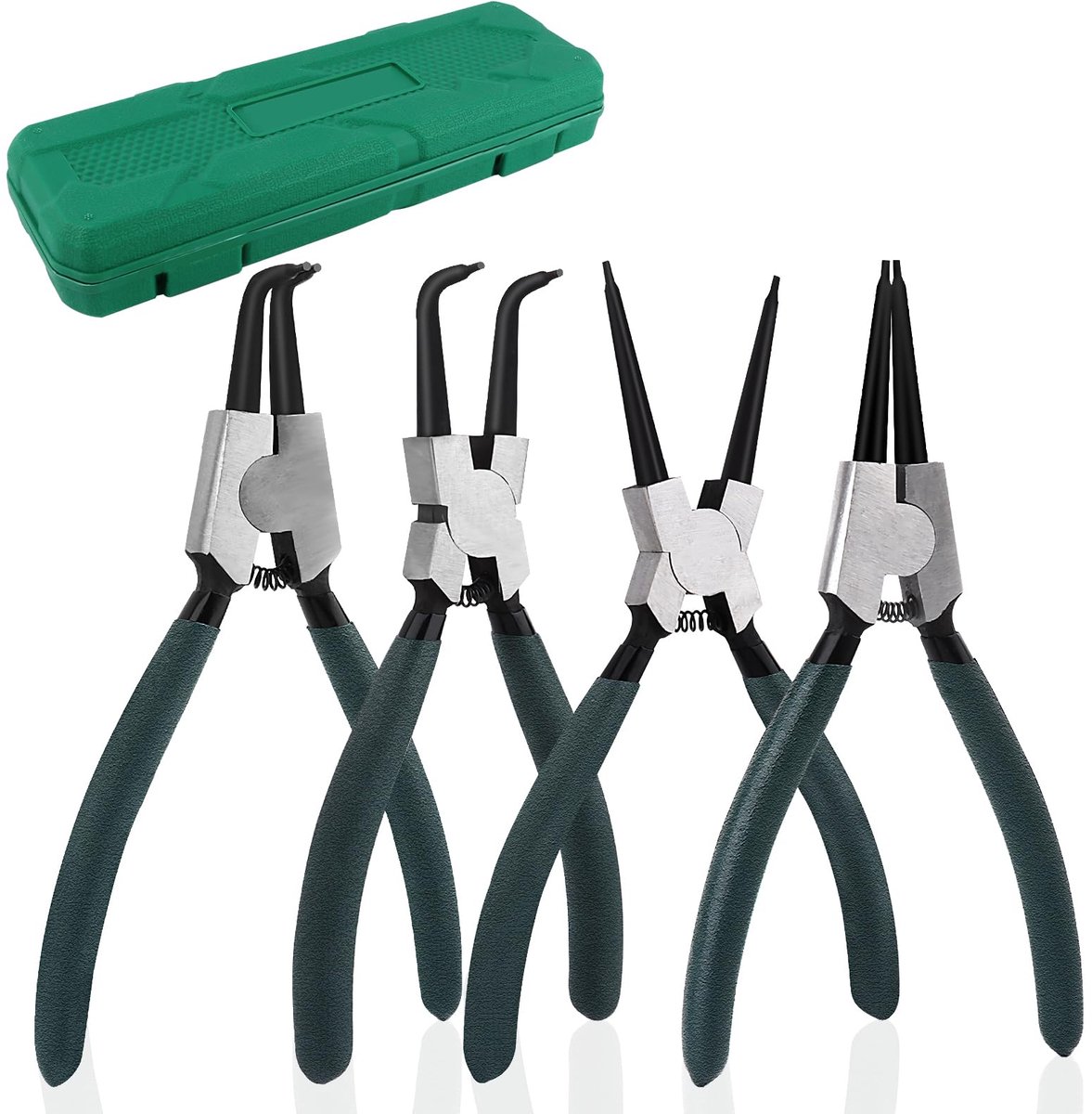 Borgringtangset 4-delig, 180mm met doos Gebogen Rechte Binnen Buiten Borgringtang, Industrieel Koolstofstaal Roestbescherming Anti-Buig Borgringtang
