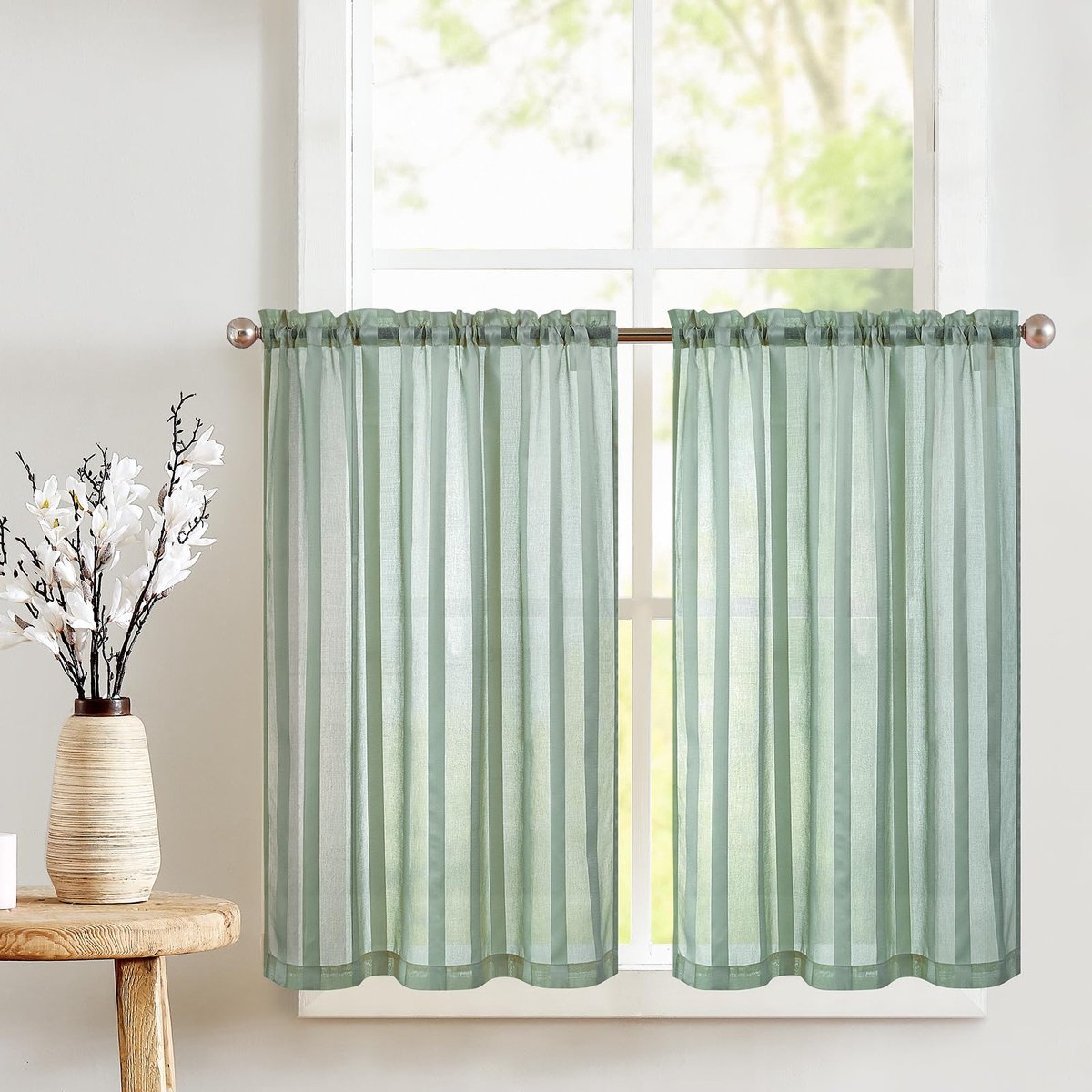 Doorschijnende netgordijnen met trekkoord, transparante bistrogadine, landhuis strepen, voile keukengordijn, gestreepte keukengordijnen, paar voor badkamer, klein raam, 90 x 60 cm (b x h