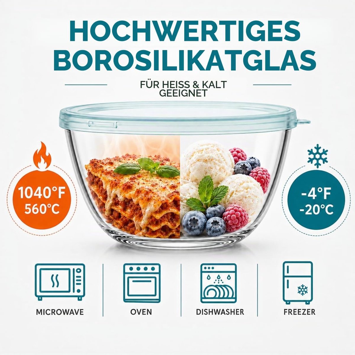 glazen mengkommen met deksels Set van 3 (1 l, 2,5 l, 4,2 l), ideaal voor het bewaren van voedsel, koken, bakken, bereiden