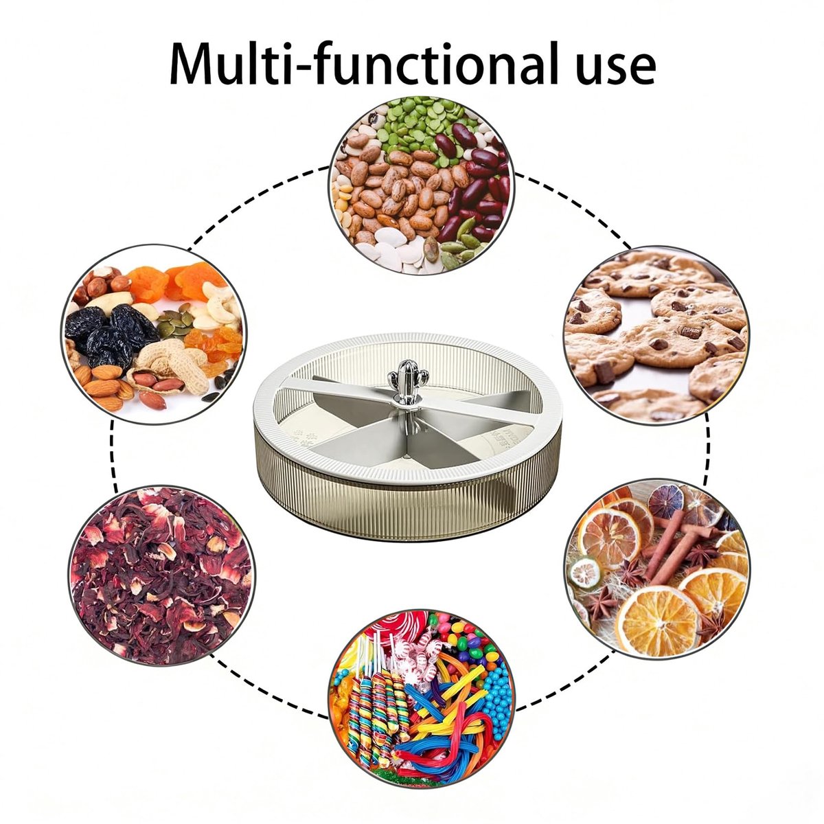 Snackbox met vakken, 26 cm, draaibaar snackbord met deksel, ronde snackschaal als serveerdienblad voor noten, snoep, gedroogd fruit, salontafel, woonkamer, feest