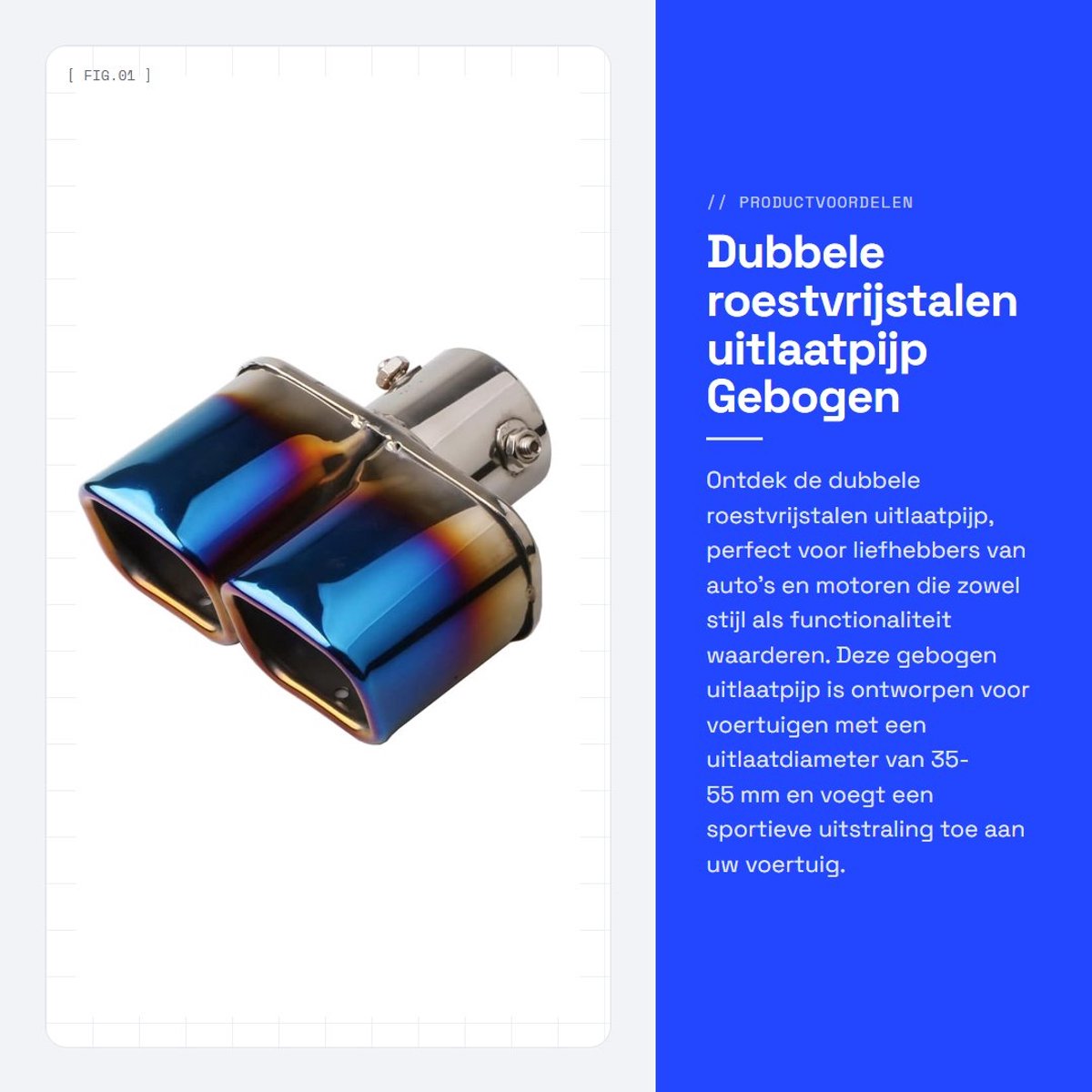 Dailygoods- Uitlaatpijp Dubbel - Roestvrij Staal - Verstelbaar - Gebogen - Diameter 35-55 mm - Gebakken Blauw - Uitlaat