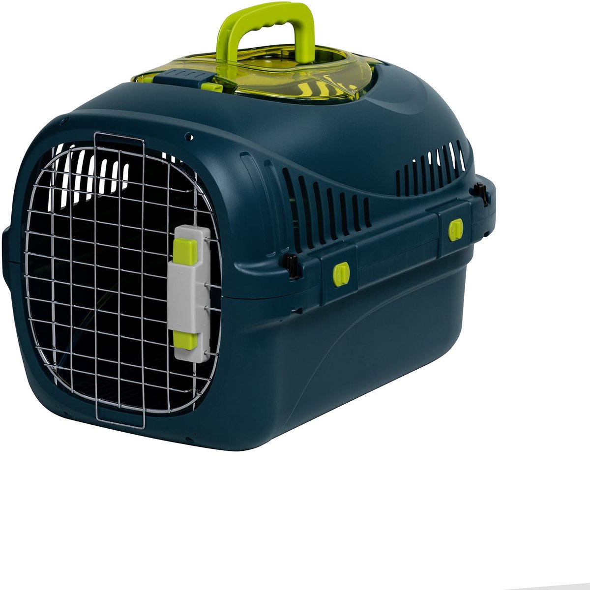 Transportbox tot 5 kg – Kunststof Reiskennel voor Auto met Bovenluik, Metalen Deur met Dubbele Vergrendeling, Ventilatie, Uitneembaar Rooster en Voerbak, Lichtgewicht 1,5 kg, Blauw