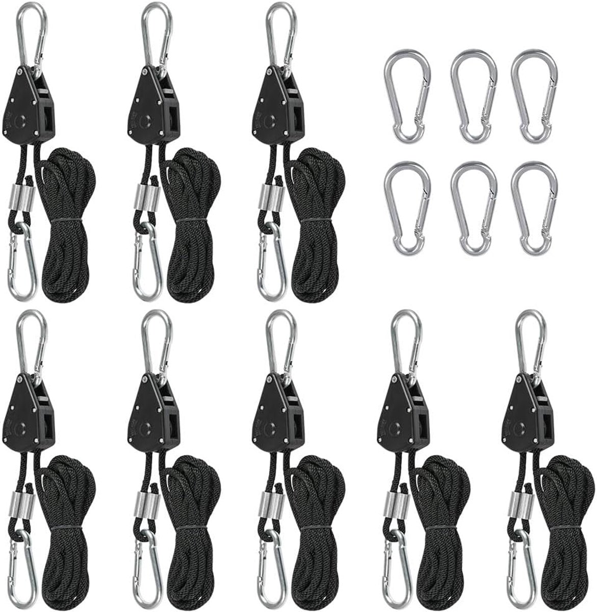 Ratel met haken, 8 stuks, 150 lb, heavy touw, instelbare kabel, groeilamp, hanger, rope ratel, 1/8 inch gesp, zonnezeil, met 6 karabijnhaken
