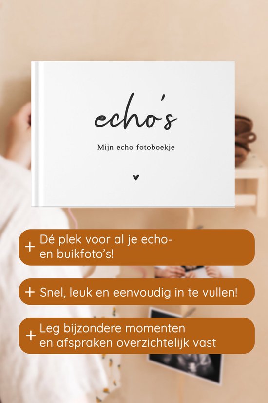 Een wit 'echo's' fotoboekje met gouden tekstballonnen die de inhoud beschrijven.