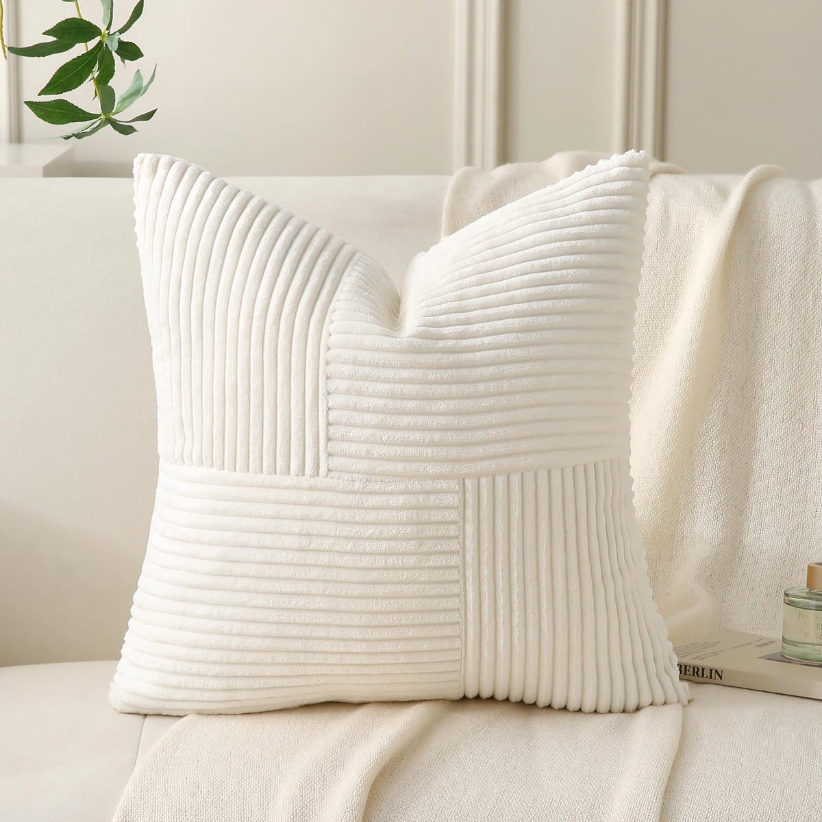Set van 2 corduroy kussenslopen, 45 x 45 cm, crèmewit, wollig, boho, kussenslopen, bankkussen, sierkussen, sierkussensloop, zachte decoratie voor bank, bed, bank, woonkamer