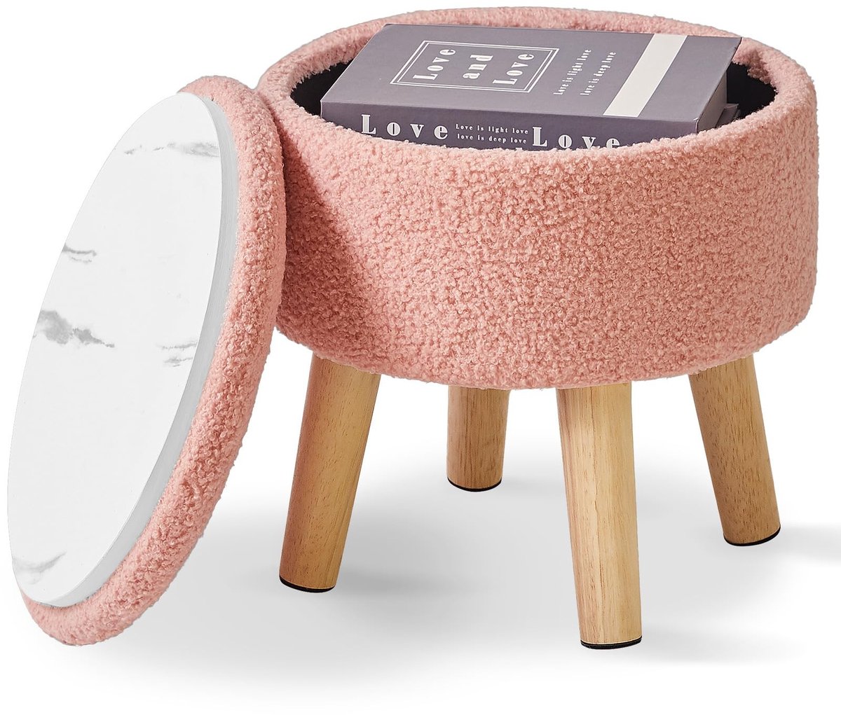 Dailygoods- Voetenbank Kleine Ottomaan - Ronde Poef met Opbergruimte - Gewatteerde Zitting - Houten Poten - Teddy Fluwelen Mini - Maximaal Gewicht 2,8 kg