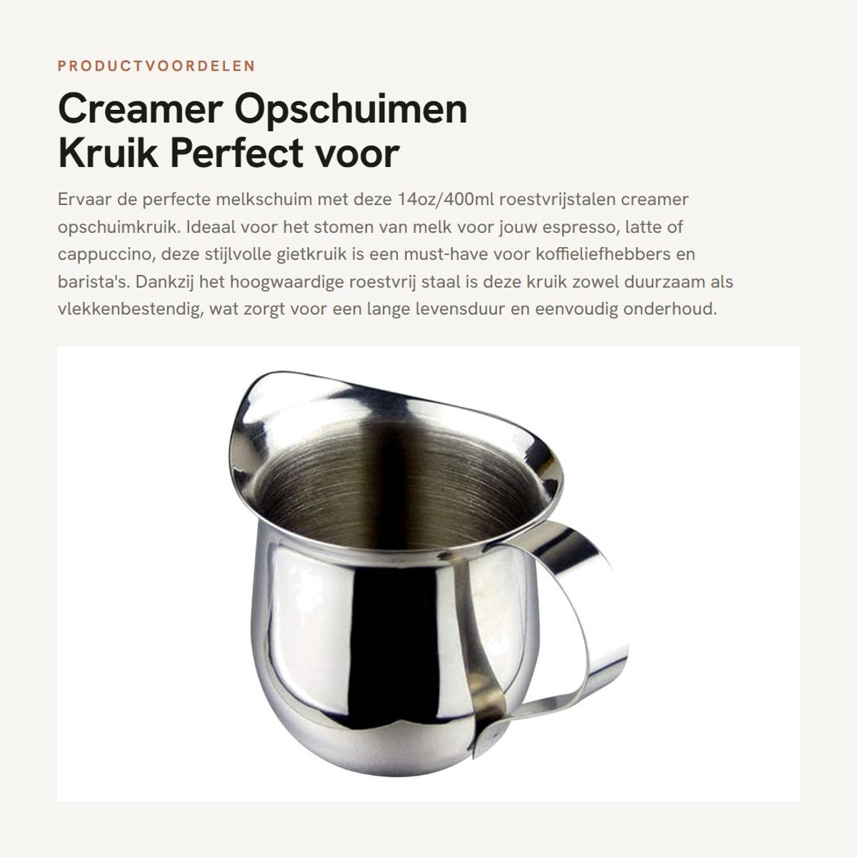 Dailygoods- Opschuimkruik 400ml - Roestvrij Staal - Antislip - Duurzaam - Gietkruik - Geschikt voor Latte/Cappuccino - Melkkruik
