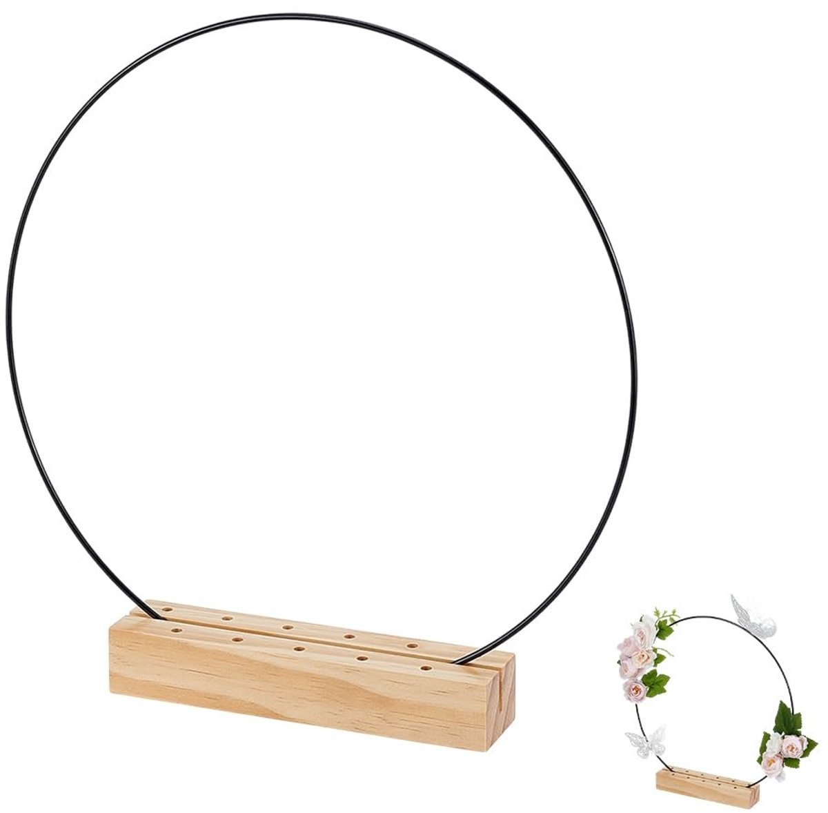 Dailygoods- Kaarthouder Houten Droogbloemen - Zwarte IJzeren Verbindingsring - Decoratie 180x40x30mm - Ceremonie/Verjaardagsfeestje - Tafeldecoratie - Romantische Sfeer - Bloemenhouder