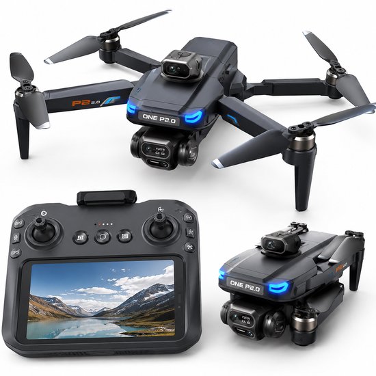 Zwarte drone met dubbele camera's, blauwe lichten en opvouwbare armen, met controller met scherm.