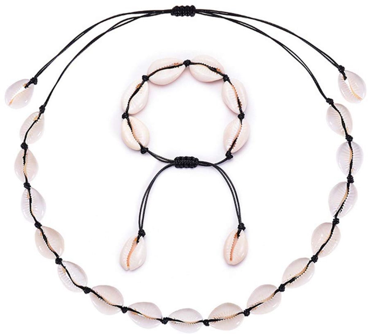 Halsketting, dames, natuurlijke schelp, choker, armband, sieraden, set, boho, schelpketting, Schelp, Diamant
