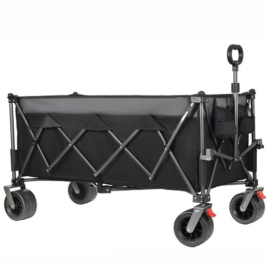Opvouwbare transportkar met 300L inhoud, 250kg draagvermogen, 130cm verlengd en extra breed (17x10cm), voorzien van all-terrein wielen. Gepatenteerd 4-weg direct opbouwsysteem. Zwart. — afbeelding 5