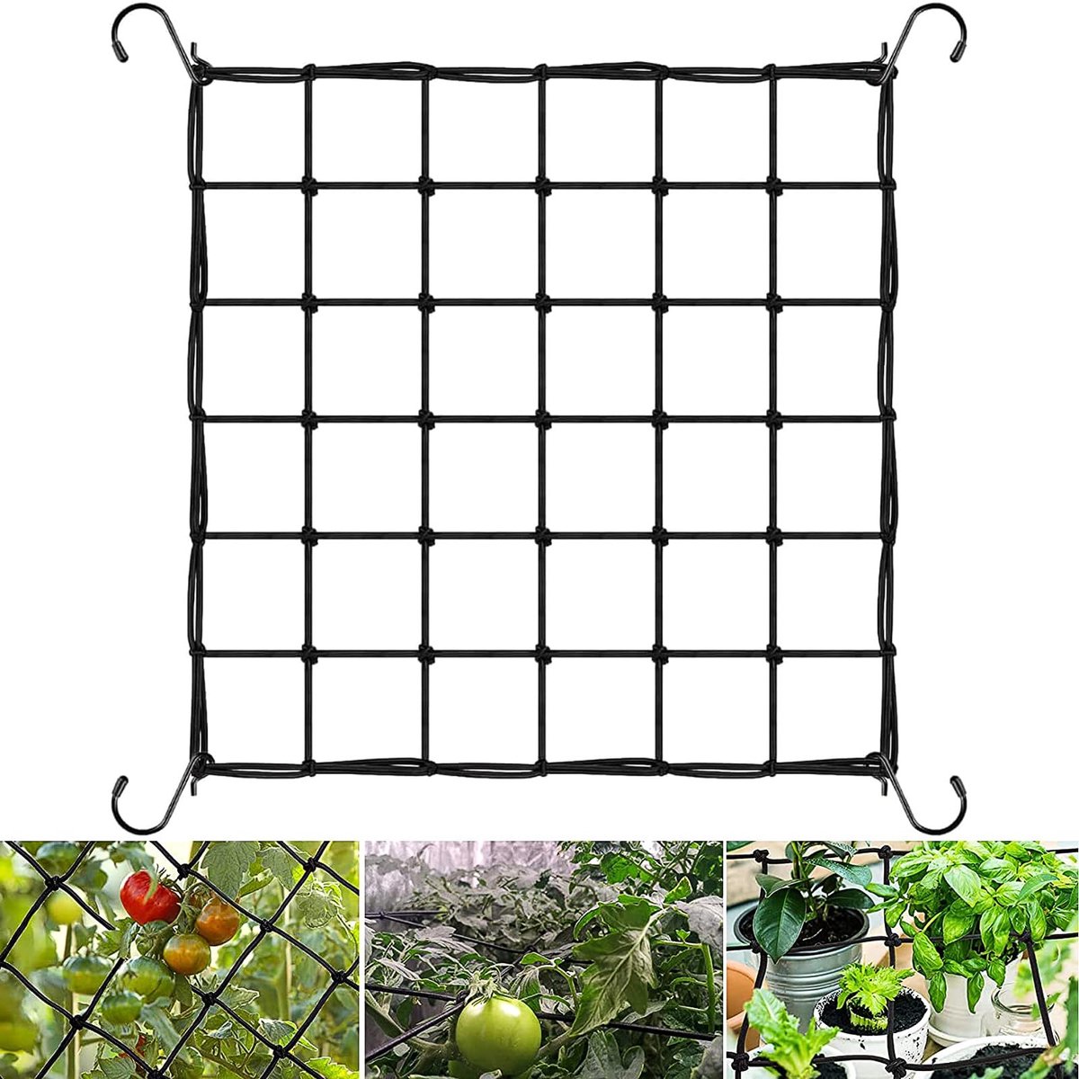 net, 60 x 60 cm, plantennet met 4 haken, groeitennet, ranknet, multifunctioneel plantennet, elastisch ranknet, kweektent, complete set voor klimplanten, meloenen, groenten, fruit en bloemen