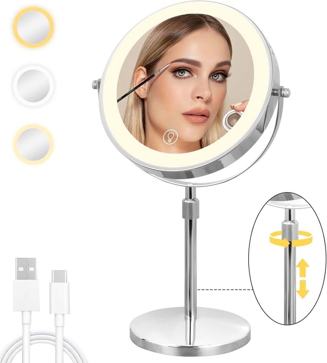 Make-upspiegel met verlichting, 10-voudige vergrotingsspiegel op standaard, hoogte en helderheid verstelbaar, 360° rotatie, dubbelzijdige make-upspiegel, oplaadbaar, voor make-uptafel