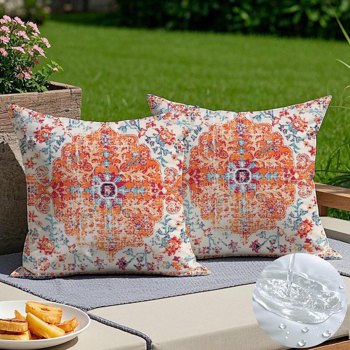 Set van 2 outdoor kussenhoezen, 50 x 50 cm, boho, weerbestendig, abstract decoratief kussen, vintage, rood, zomer, kussenovertrekken voor tuin, bank, bed, decoratieve kussenhoezen