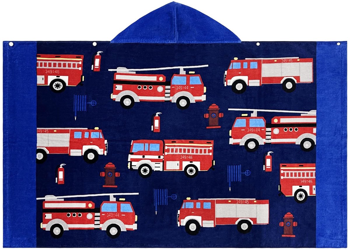 Strandlaken voor kinderen met capuchon, 100% katoen, zacht en absorberend, badhanddoek, handdoek, overtrek voor jongens en meisjes, extra maat: 127 x 76 cm (brandweerauto)