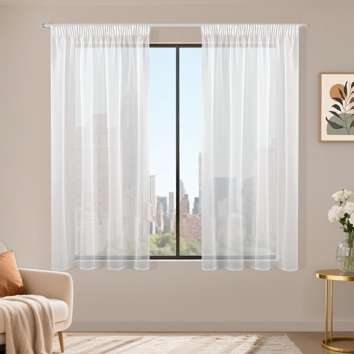 Gordijnen met plooiband 2-delig, Voile Schuurgordijnen 140 x 120 (HxB), Transparante Gordijn, Voorhang Wit, Gordijnen voor Woonkamer Slaapkamer Sheer Gordijn
