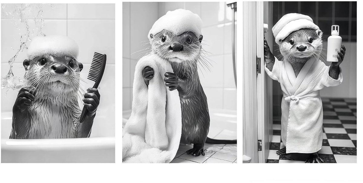 Set van 3 badkamerfoto's, A4 zwart-wit afbeelding, grappige Otter-badkamerfoto's, schattige dierenposter, toilet, wanddecoratie, gasten, toiletdecoratie, 30 x 21 cm, zonder lijst