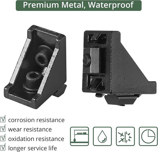Set van 10 zwarte aluminium hoekbeugels uit de 2020-serie - 90-graden L-vorm extrusieconnectoren met M5x10 zeskantbouten en T-moeren voor 2020-profielen (6 mm sleuven) — afbeelding 3