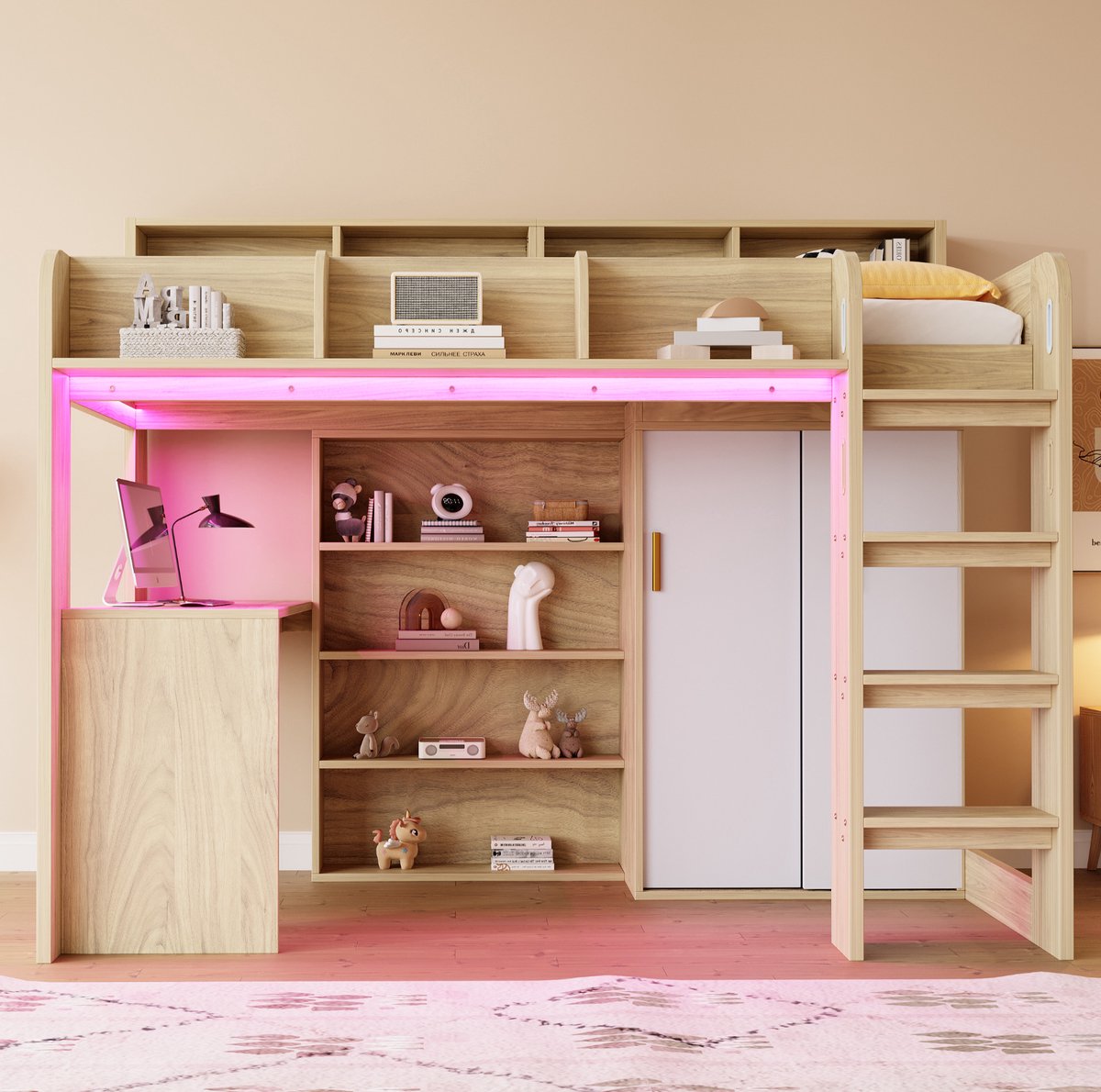 MEUNIQ Hoogslaper 90 x 200 cm met bureau, kledingkast, opbergruimte, LED-verlichting, stekkerdoos en lattenbodem voor kinderkamer, naturel hout Natural Wood