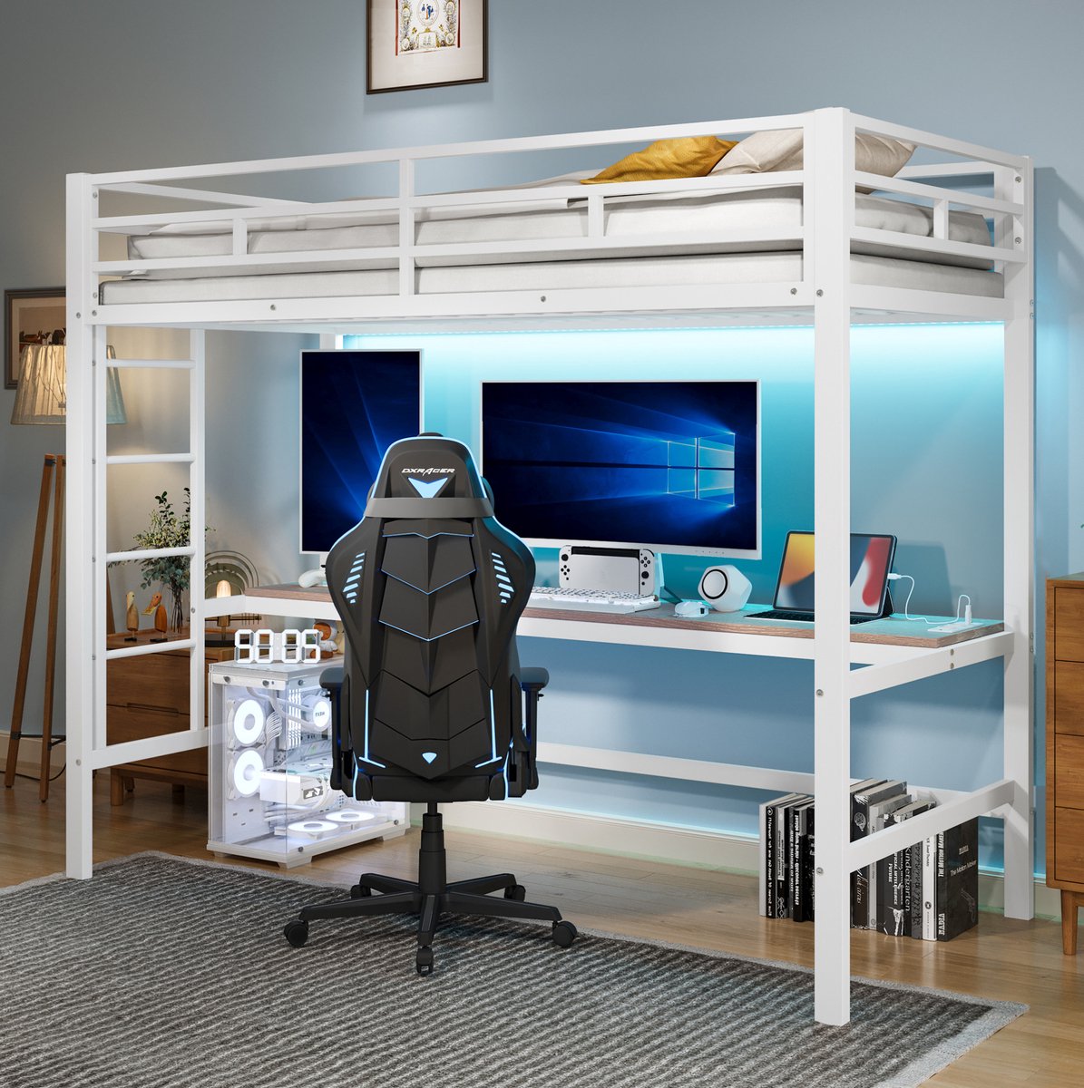 MEUNIQ hoogslaper 90 x 200 cm met bureau, ladder, LED-verlichting, USB en stopcontact, metalen bedframe met MDF, wit voor kinderkamer