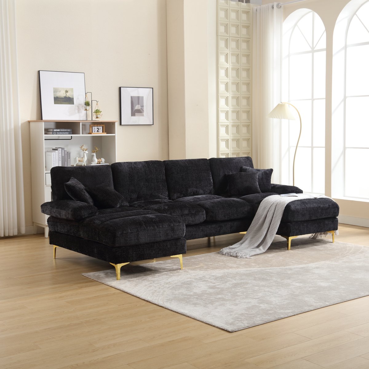 DESMIU U-Bank 272 Cm - Dubbele Chaise Longue Met Ergonomisch Zitcomfort - Voor Woonkamer En Lounge - Chenille - Zwart